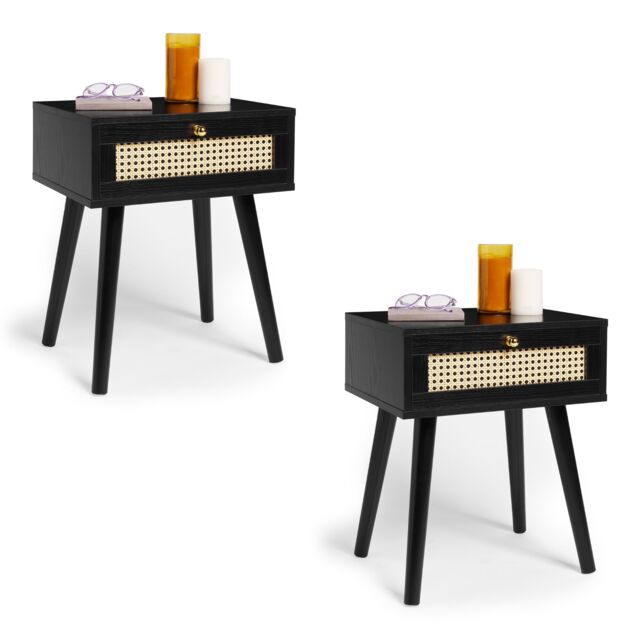 Spinningfield Set of 2 1 Drawer Rattan Effect Fronted Side Table in Black - image 1