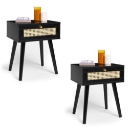 Spinningfield Set of 2 1 Drawer Rattan Effect Fronted Side Table in Black