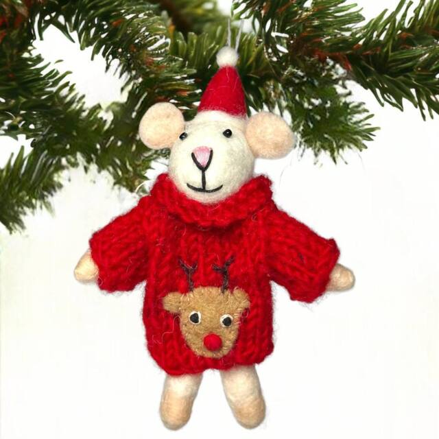 Animal Crackers Felt Mouse In Hand Knitted Red Rudolf Sweater Hanging Tree Decoration - image 1