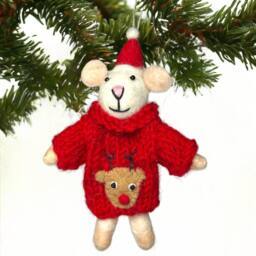 Animal Crackers Felt Mouse In Hand Knitted Red Rudolf Sweater Hanging Tree Decoration - thumbnail 1