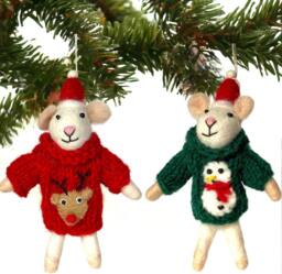 Animal Crackers Felt Mouse In Hand Knitted Red Rudolf Sweater Hanging Tree Decoration - thumbnail 4