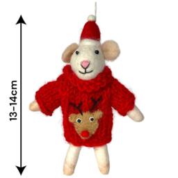 Animal Crackers Felt Mouse In Hand Knitted Red Rudolf Sweater Hanging Tree Decoration - thumbnail 2