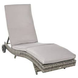 OUTSUNNY Outdoor Rattan Sun Lounger with Reclining Back, Wheels, Grey - thumbnail 2