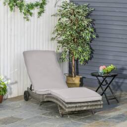 OUTSUNNY Outdoor Rattan Sun Lounger with Reclining Back, Wheels, Grey - thumbnail 1