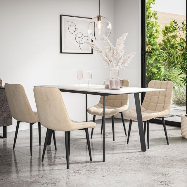 More4Homes Haydon Extending Dining Table & Chairs- White Marble Effect Table Top w Black Legs + Nova Velvet Dining Chair Set Of 6 in Beige - image 1