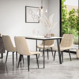 More4Homes Haydon Extending Dining Table & Chairs- White Marble Effect Table Top w Black Legs + Nova Velvet Dining Chair Set Of 6 in Beige - thumbnail 2