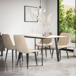 More4Homes Haydon Extending Dining Table & Chairs- White Marble Effect Table Top w Black Legs + Nova Velvet Dining Chair Set Of 6 in Beige - thumbnail 1
