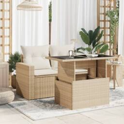 Berkfield Home Garden Table with Glass Top Beige 100x55x73 cm Poly Rattan - Size: 100 x 55 x 73 cm