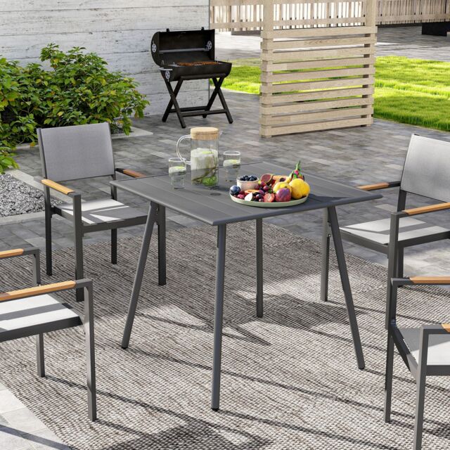 OUTSUNNY Garden Table for 4 Person with Slat Top, Steel Frame, Grey