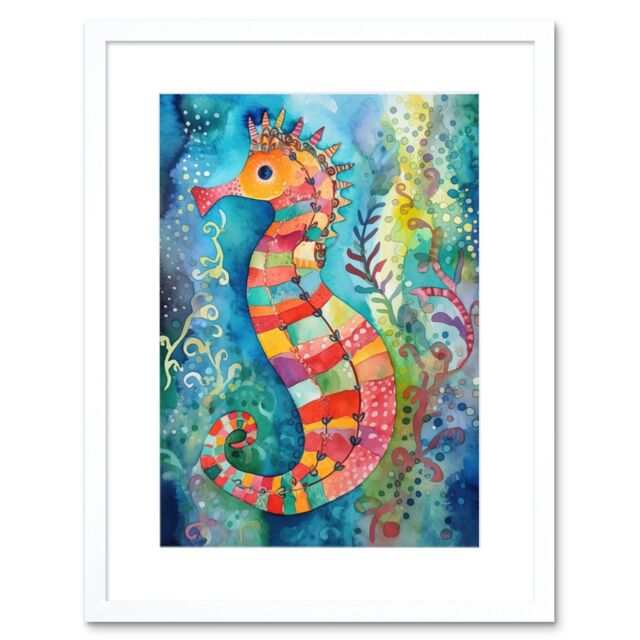 "Artery8 Wall Art Print Seahorse In Aquatic Plants Folk Artwork Framed 9X7 Inch in White - Size: W7"" x H9""" - image 1