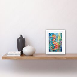 "Artery8 Wall Art Print Seahorse In Aquatic Plants Folk Artwork Framed 9X7 Inch in White - Size: W7"" x H9""" - thumbnail 2