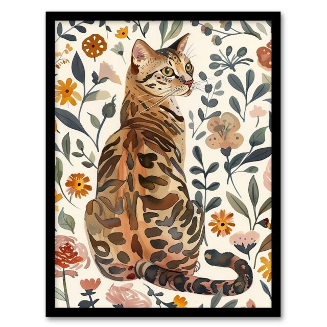 "Artery8 Cat Lover Curious Bengal in Autumn Wildflowers Framed Wall Art - Size: W12"" x H16""" - image 1