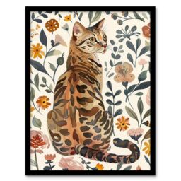 "Artery8 Cat Lover Curious Bengal in Autumn Wildflowers Framed Wall Art - Size: W12"" x H16""" - thumbnail 1