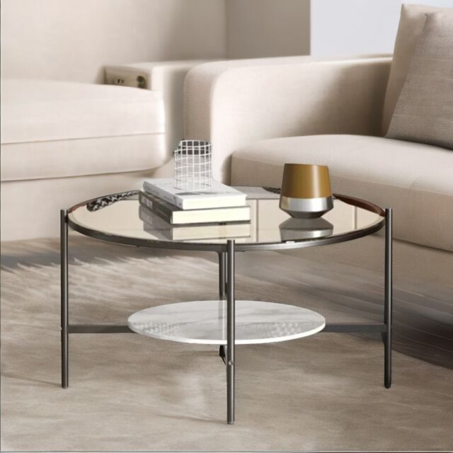 Pirlo Plush 2 Tier Round Faux Marble Glass Coffee Table Heavy Duty in Black - image 1