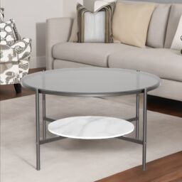 Pirlo Plush 2 Tier Round Faux Marble Glass Coffee Table Heavy Duty in Black - thumbnail 4