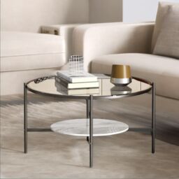 Pirlo Plush 2 Tier Round Faux Marble Glass Coffee Table Heavy Duty in Black