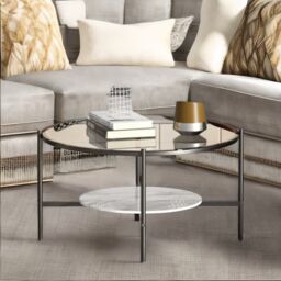 Pirlo Plush 2 Tier Round Faux Marble Glass Coffee Table Heavy Duty in Black - thumbnail 2
