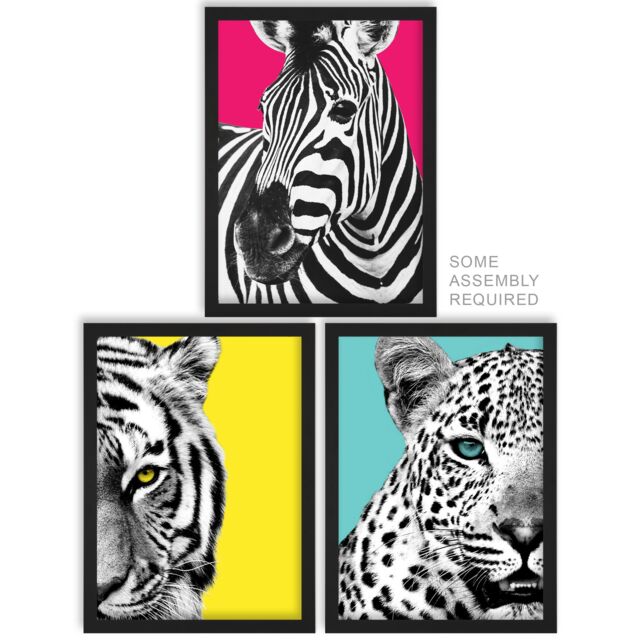 Artery8 A4 Wall Art & Frame Set of 3 Bright Wild Animal Zebra Lion Leopard - image 1