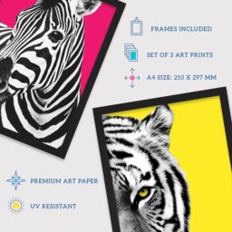 Artery8 A4 Wall Art & Frame Set of 3 Bright Wild Animal Zebra Lion Leopard - thumbnail 3