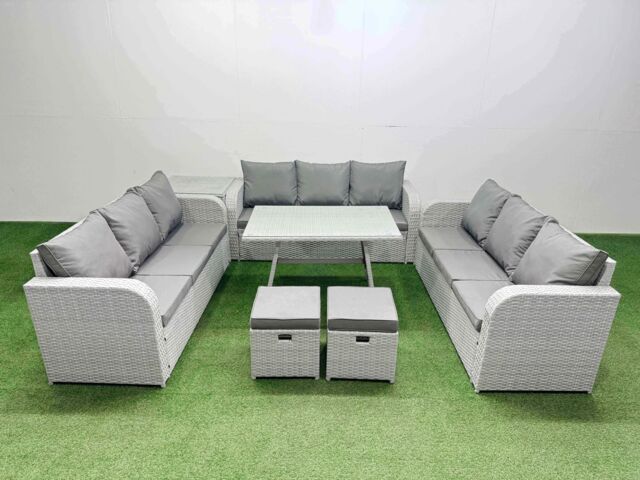 Fimous 11 Seat PE Rattan Garden Furniture with Side Table 2 Small Stools in Light Grey - image 1