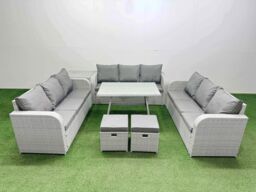 Fimous 11 Seat PE Rattan Garden Furniture with Side Table 2 Small Stools in Light Grey - thumbnail 2