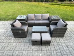Fimous 7 Seater Rattan Garden Furniture Set Patio Outdoor Lounge Sofa Set with Rectangular Coffee Table 2 Small Footstools in Dark Grey - thumbnail 1
