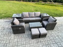 Fimous 7 Seater Rattan Garden Furniture Set Patio Outdoor Lounge Sofa Set with Rectangular Coffee Table 2 Small Footstools in Dark Grey - thumbnail 2