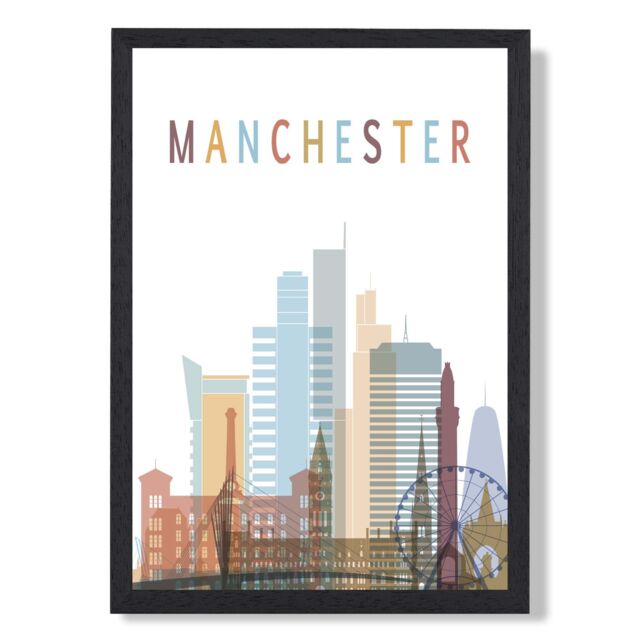 ARTZE Manchester Colourful City Skyline Framed Print SIZE: A2 with Black Frame in Pale Blue - Size: A4 - image 1