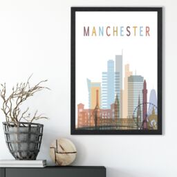 ARTZE Manchester Colourful City Skyline Framed Print SIZE: A2 with Black Frame in Pale Blue - Size: A4 - thumbnail 2