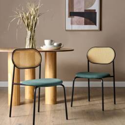 Wyld and Coco Set 2 Retro Dining Chairs Black Iron Green Fabric Seat Viennese