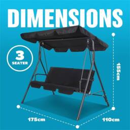 Nordara 3 Seater Metal Garden Swing Chair With Canopy in Black - thumbnail 2