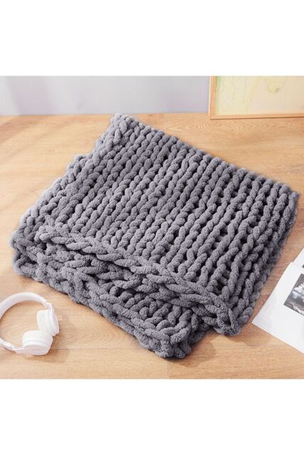 Living and Home Chunky Knit Blanket Throw 100% Hand Knit Chenille Chunky Throw Blanket for Couch 60 x 60cm in Dark Grey - Size: 60 x 60 cm - image 1