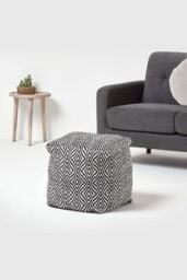 Homescapes Trance Diamond Pattern Square Bean Filled Pouffe, 40 cm in Black - thumbnail 2