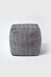 Homescapes Trance Diamond Pattern Square Bean Filled Pouffe, 40 cm in Black - thumbnail 1