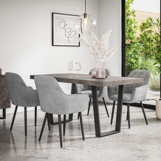 More4Homes Aria Dining Table & Chairs - Concrete Effect Table Top w Black Legs + Anika Velvet Dining Chair Set Of 4 in Grey - image 1