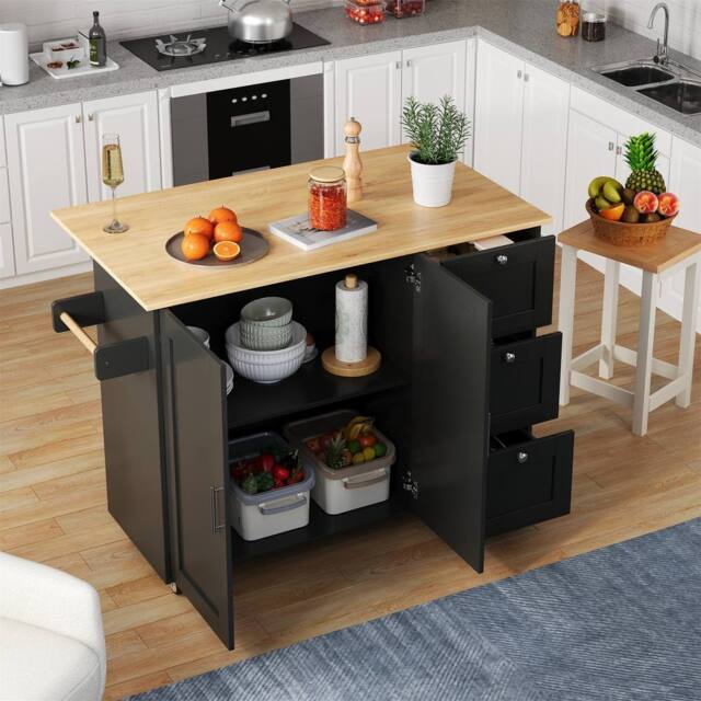 BTM Rolling Kitchen Island with Foldable Top, 3 Drawers & 2 Doors in Black - image 1