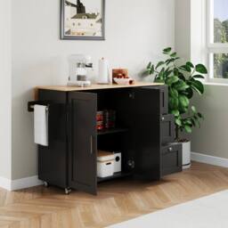 BTM Rolling Kitchen Island with Foldable Top, 3 Drawers & 2 Doors in Black - thumbnail 6