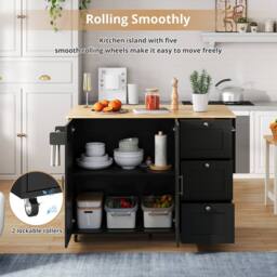 BTM Rolling Kitchen Island with Foldable Top, 3 Drawers & 2 Doors in Black - thumbnail 4