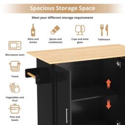 BTM Rolling Kitchen Island with Foldable Top, 3 Drawers & 2 Doors in Black - thumbnail 2