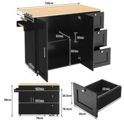 BTM Rolling Kitchen Island with Foldable Top, 3 Drawers & 2 Doors in Black - thumbnail 5