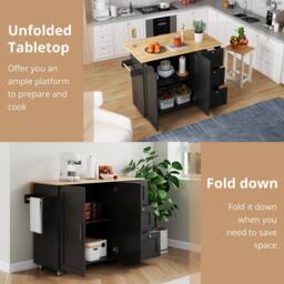 BTM Rolling Kitchen Island with Foldable Top, 3 Drawers & 2 Doors in Black - thumbnail 3