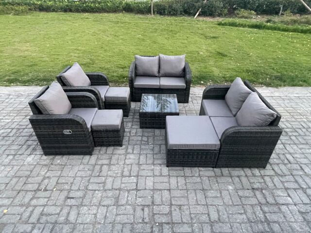 Fimous Garden Furniture Set Rattan Outdoor Lounge Sofa Chair With Tempered Glass Table 3 Footstools Dark Grey Mixed - image 1