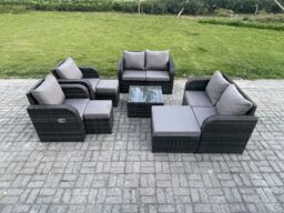 Fimous Garden Furniture Set Rattan Outdoor Lounge Sofa Chair With Tempered Glass Table 3 Footstools Dark Grey Mixed - thumbnail 1