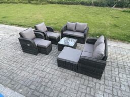 Fimous Garden Furniture Set Rattan Outdoor Lounge Sofa Chair With Tempered Glass Table 3 Footstools Dark Grey Mixed - thumbnail 2