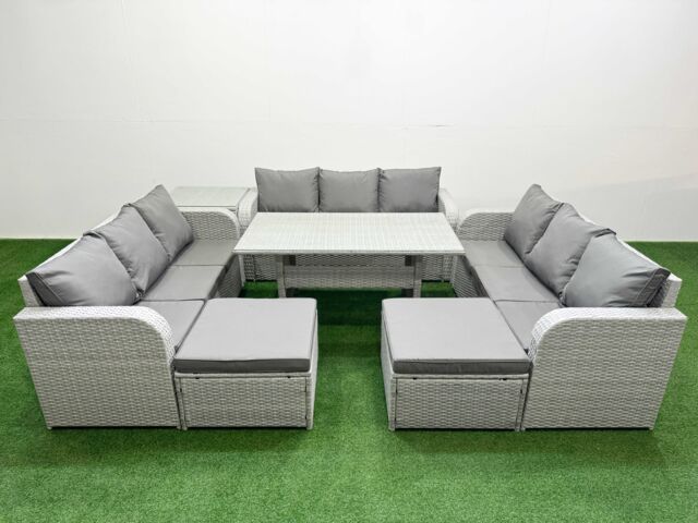 Fimous PE Rattan Lounge Sofa Set 11 Seater Outdoor Garden Furniture Set w/ Rectangular Dining Table 3 Seater Sofa 2 Big Footstools Side Table Light - image 1