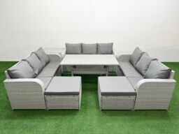 Fimous PE Rattan Lounge Sofa Set 11 Seater Outdoor Garden Furniture Set w/ Rectangular Dining Table 3 Seater Sofa 2 Big Footstools Side Table Light - thumbnail 1