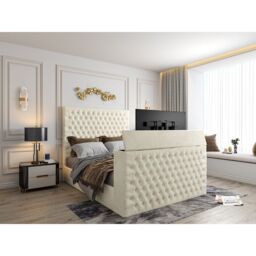 HOB Furniture Tara Upholstered Soft Velvet Tv Bed Frame, Luxury French Velvet, Cream - Size: Super King