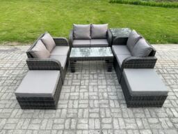 Fimous Outdoor Garden Furniture Sets 7 Pieces Wicker Rattan Furniture Sofa Sets with Coffee Table Love seat Sofa 2 Big Footstool Side Table - thumbnail 1