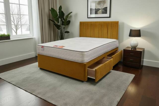 "Knight Sleep SKY Plush Bed Set With Mattress, 2 Drawers Same Side & 24""Headboard in Mustard - Size: King" - image 1