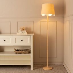 ValueLights Triston Natural Light Wood Stem Floor Lamp with Scallop Trim Tapered Lamp Shade in White - thumbnail 1